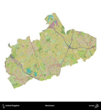 Hertsmere. Birleşik Krallık 'ın idari alanı bir OpenStreetMap İnsani Harita stili haritasında beyaza izole edildi
