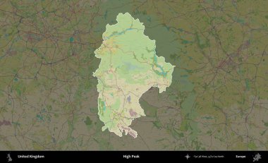 Yüksek Tepe. Birleşik Krallık 'ın idari alanı karanlık bir OpenStreetMap İnsani Haritası biçiminde vurgulanmış ve özetlenmiştir