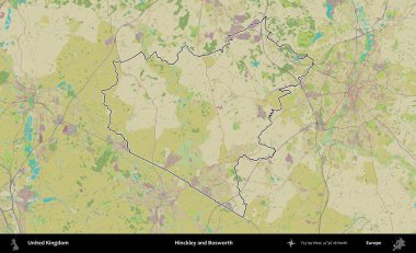 Hinckley ve Bosworth. Birleşik Krallık 'ın bir OpenStreetMap İnsani Biçim haritasında özetlenmiş idari alanı