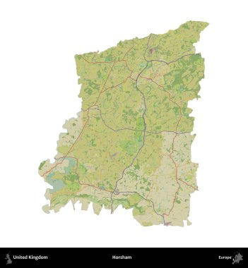 Horsham. Birleşik Krallık 'ın idari alanı bir OpenStreetMap İnsani Harita stili haritasında beyaza izole edildi