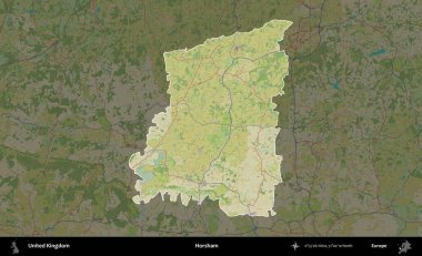 Horsham. Birleşik Krallık 'ın idari alanı karanlık bir OpenStreetMap İnsani Haritası biçiminde vurgulanmış ve özetlenmiştir