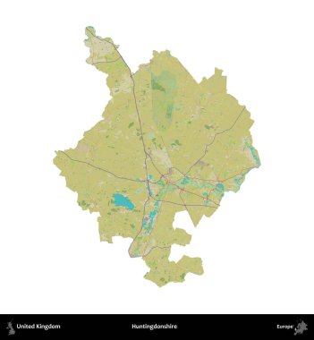 Huntingdonshire 'da. Birleşik Krallık 'ın idari alanı bir OpenStreetMap İnsani Harita stili haritasında beyaza izole edildi