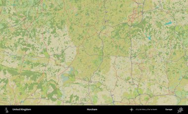 Horsham. Birleşik Krallık 'ın idari alanı bir OpenStreetMap İnsani Biçim haritası üzerinde