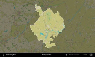 Huntingdonshire 'da. Birleşik Krallık 'ın idari alanı karanlık bir OpenStreetMap İnsani Haritası biçiminde vurgulanmış ve özetlenmiştir