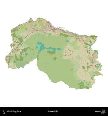 Inverclyde. Birleşik Krallık 'ın idari alanı bir OpenStreetMap İnsani Harita stili haritasında beyaza izole edildi