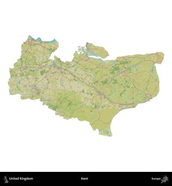 Kent. Birleşik Krallık 'ın idari alanı bir OpenStreetMap İnsani Harita stili haritasında beyaza izole edildi