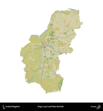King 's Lynn ve West Norfolk. Birleşik Krallık 'ın idari alanı bir OpenStreetMap İnsani Harita stili haritasında beyaza izole edildi