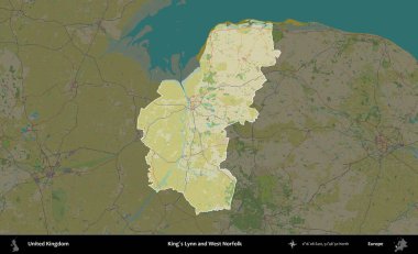 King 's Lynn ve West Norfolk. Birleşik Krallık 'ın idari alanı karanlık bir OpenStreetMap İnsani Haritası biçiminde vurgulanmış ve özetlenmiştir