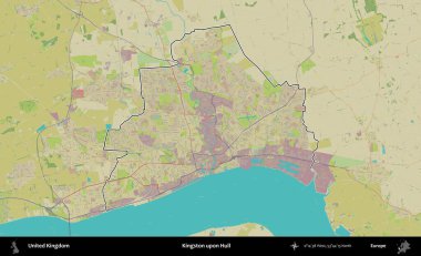 Kingston Hull 'da. Birleşik Krallık 'ın bir OpenStreetMap İnsani Biçim haritasında özetlenmiş idari alanı