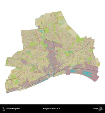 Kingston Hull 'da. Birleşik Krallık 'ın idari alanı bir OpenStreetMap İnsani Harita stili haritasında beyaza izole edildi