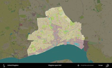 Kingston Hull 'da. Birleşik Krallık 'ın idari alanı karanlık bir OpenStreetMap İnsani Haritası biçiminde vurgulanmış ve özetlenmiştir
