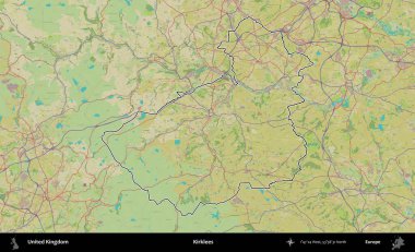 Kirklees. Birleşik Krallık 'ın bir OpenStreetMap İnsani Biçim haritasında özetlenmiş idari alanı