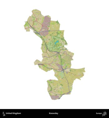 Knowsley. Birleşik Krallık 'ın idari alanı bir OpenStreetMap İnsani Harita stili haritasında beyaza izole edildi