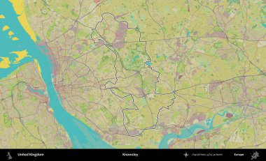 Knowsley. Birleşik Krallık 'ın bir OpenStreetMap İnsani Biçim haritasında özetlenmiş idari alanı