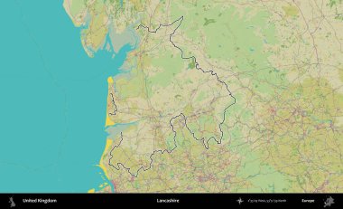 Lancashire. Birleşik Krallık 'ın bir OpenStreetMap İnsani Biçim haritasında özetlenmiş idari alanı