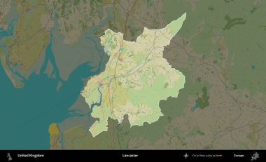 Lancaster. Birleşik Krallık 'ın idari alanı karanlık bir OpenStreetMap İnsani Haritası biçiminde vurgulanmış ve özetlenmiştir