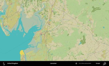 Lancaster. Birleşik Krallık 'ın idari alanı bir OpenStreetMap İnsani Biçim haritası üzerinde
