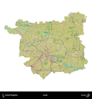 Leeds. Birleşik Krallık 'ın idari alanı bir OpenStreetMap İnsani Harita stili haritasında beyaza izole edildi