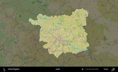 Leeds. Birleşik Krallık 'ın idari alanı karanlık bir OpenStreetMap İnsani Haritası biçiminde vurgulanmış ve özetlenmiştir