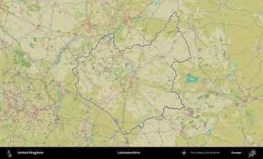 Leicestershire 'da. Birleşik Krallık 'ın bir OpenStreetMap İnsani Biçim haritasında özetlenmiş idari alanı