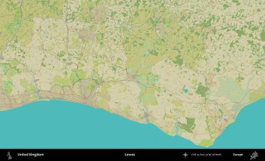 Lewes. Birleşik Krallık 'ın idari alanı bir OpenStreetMap İnsani Biçim haritası üzerinde