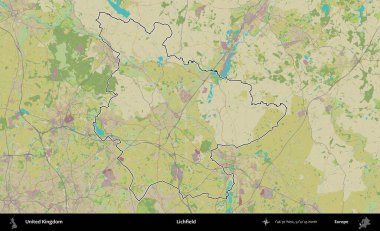Lichfield 'da. Birleşik Krallık 'ın bir OpenStreetMap İnsani Biçim haritasında özetlenmiş idari alanı