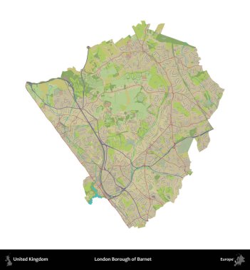 Londra Barnet İlçesi. Birleşik Krallık 'ın idari alanı bir OpenStreetMap İnsani Harita stili haritasında beyaza izole edildi
