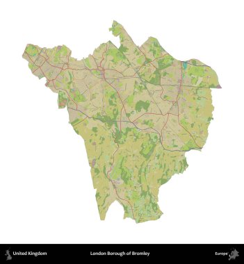 Bromley 'in Londra ilçesi. Birleşik Krallık 'ın idari alanı bir OpenStreetMap İnsani Harita stili haritasında beyaza izole edildi