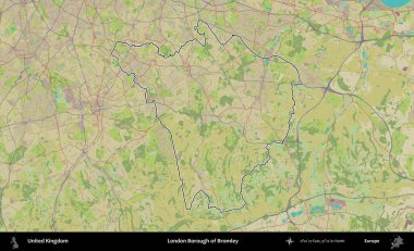 Bromley 'in Londra ilçesi. Birleşik Krallık 'ın bir OpenStreetMap İnsani Biçim haritasında özetlenmiş idari alanı