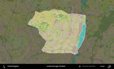 Londra Enfield İlçesi. Birleşik Krallık 'ın idari alanı karanlık bir OpenStreetMap İnsani Haritası biçiminde vurgulanmış ve özetlenmiştir