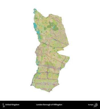 Londra Hillingdon İlçesi. Birleşik Krallık 'ın idari alanı bir OpenStreetMap İnsani Harita stili haritasında beyaza izole edildi