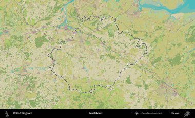 Maidstone. Birleşik Krallık 'ın bir OpenStreetMap İnsani Biçim haritasında özetlenmiş idari alanı