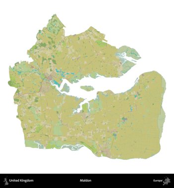 Maldon. Birleşik Krallık 'ın idari alanı bir OpenStreetMap İnsani Harita stili haritasında beyaza izole edildi