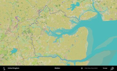 Maldon. Birleşik Krallık 'ın bir OpenStreetMap İnsani Biçim haritasında özetlenmiş idari alanı