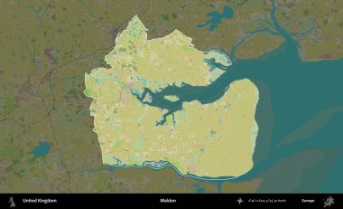 Maldon. Birleşik Krallık 'ın idari alanı karanlık bir OpenStreetMap İnsani Haritası biçiminde vurgulanmış ve özetlenmiştir