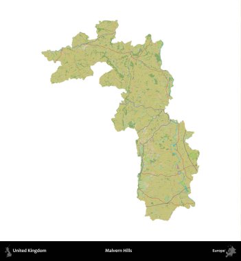 Malvern Tepeleri. Birleşik Krallık 'ın idari alanı bir OpenStreetMap İnsani Harita stili haritasında beyaza izole edildi