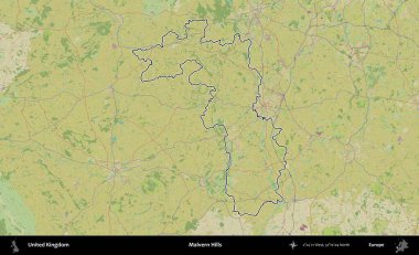 Malvern Tepeleri. Birleşik Krallık 'ın bir OpenStreetMap İnsani Biçim haritasında özetlenmiş idari alanı