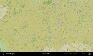 Malvern Tepeleri. Birleşik Krallık 'ın idari alanı bir OpenStreetMap İnsani Biçim haritası üzerinde