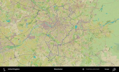 Manchester mı? Birleşik Krallık 'ın bir OpenStreetMap İnsani Biçim haritasında özetlenmiş idari alanı