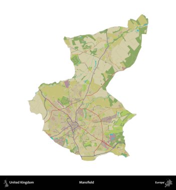 Mansfield. Birleşik Krallık 'ın idari alanı bir OpenStreetMap İnsani Harita stili haritasında beyaza izole edildi