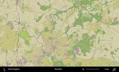 Mansfield. Birleşik Krallık 'ın bir OpenStreetMap İnsani Biçim haritasında özetlenmiş idari alanı