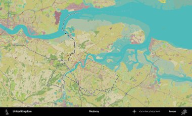 Medway. Birleşik Krallık 'ın bir OpenStreetMap İnsani Biçim haritasında özetlenmiş idari alanı