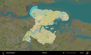 Medway. Birleşik Krallık 'ın idari alanı karanlık bir OpenStreetMap İnsani Haritası biçiminde vurgulanmış ve özetlenmiştir