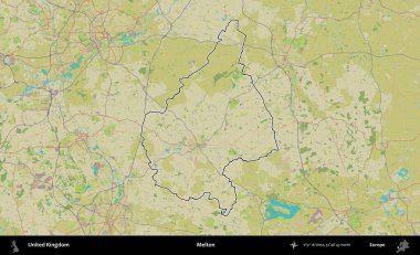 Melton. Birleşik Krallık 'ın bir OpenStreetMap İnsani Biçim haritasında özetlenmiş idari alanı