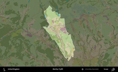 Merthyr Tydfil. Birleşik Krallık 'ın idari alanı karanlık bir OpenStreetMap İnsani Haritası biçiminde vurgulanmış ve özetlenmiştir