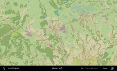 Merthyr Tydfil. Birleşik Krallık 'ın idari alanı bir OpenStreetMap İnsani Biçim haritası üzerinde