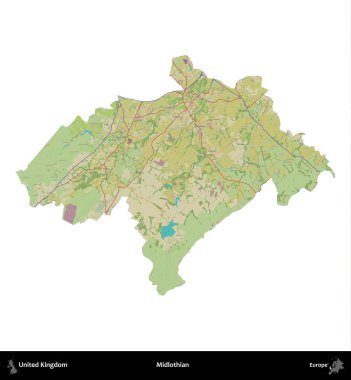 Midlothian. Birleşik Krallık 'ın idari alanı bir OpenStreetMap İnsani Harita stili haritasında beyaza izole edildi