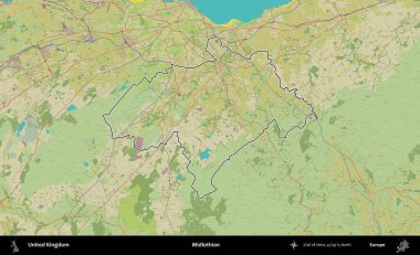 Midlothian. Birleşik Krallık 'ın bir OpenStreetMap İnsani Biçim haritasında özetlenmiş idari alanı