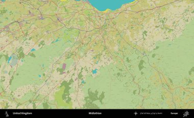Midlothian. Birleşik Krallık 'ın idari alanı bir OpenStreetMap İnsani Biçim haritası üzerinde