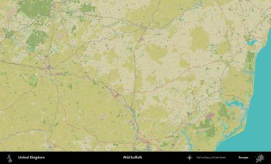 Suffolk 'un ortası. Birleşik Krallık 'ın idari alanı bir OpenStreetMap İnsani Biçim haritası üzerinde